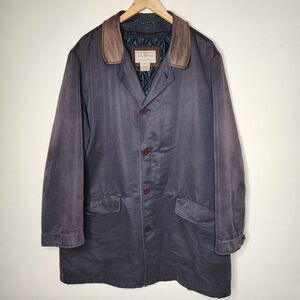 Vintage LL Bean Trench Coat Leather Collar Black USA Made XL Tall Chore Field